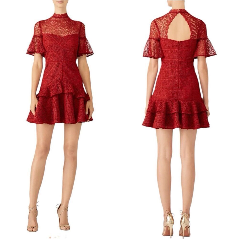 AMUR Womens A-Line Mini Dress Red Lace Short Flutter Sleeve Open Back Zip 6